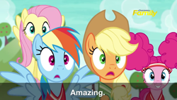 Size: 1280x720 | Tagged: safe, official, screencap, character:applejack, character:fluttershy, character:pinkie pie, character:rainbow dash, species:pony, episode:buckball season, g4, my little pony: friendship is magic, discovery family logo, pinktails pie, subtitles
