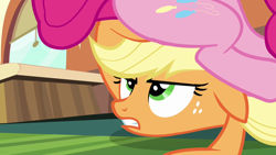 Size: 1280x720 | Tagged: safe, screencap, character:applejack, character:pinkie pie, species:pony, episode:games ponies play, g4, my little pony: friendship is magic, facesitting, unamused
