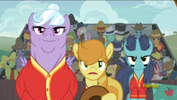 Size: 1920x1080 | Tagged: safe, screencap, character:big bell, character:braeburn, character:coco crusoe, character:dark moon, character:graphite, character:slapshot, species:pony, episode:buckball season, g4, my little pony: friendship is magic, amused, bonnie rose, eye black (makeup), frown, not noteworthy, smiling, unamused