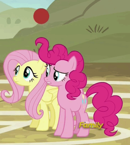 Size: 439x491 | Tagged: safe, screencap, character:fluttershy, character:pinkie pie, species:earth pony, species:pegasus, species:pony, episode:buckball season, g4, my little pony: friendship is magic, animated, bouncing, discovery family logo, duo, female, gif, loop, mare, prehensile mane