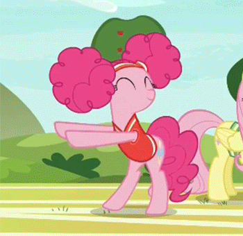 Size: 350x340 | Tagged: safe, screencap, character:fluttershy, character:pinkie pie, species:pony, episode:buckball season, g4, my little pony: friendship is magic, alternate hairstyle, animated, bipedal, clothing, cropped, cute, dancing, diapinkes, eyes closed, gif, pinkie puffs, pinktails pie, smiling, solo focus