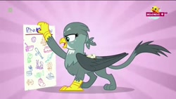 Size: 1920x1080 | Tagged: safe, screencap, character:gabby, species:griffon, episode:the fault in our cutie marks, g4, my little pony: friendship is magic, chart, minimini, open mouth, ponytail, solo