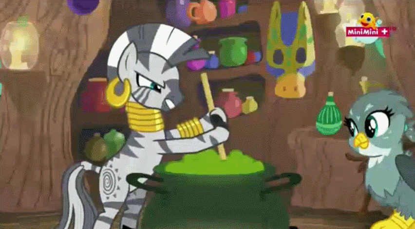 Size: 852x471 | Tagged: safe, screencap, character:gabby, character:zecora, species:griffon, species:zebra, episode:the fault in our cutie marks, g4, my little pony: friendship is magic, animated, cauldron, gif, minimini, ponytail, stirring, zecora's hut