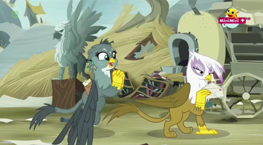 Size: 852x471 | Tagged: safe, screencap, character:gabby, character:gilda, species:griffon, episode:the fault in our cutie marks, g4, my little pony: friendship is magic, animated, cute, gabbybetes, gif, griffonstone, minimini, ponytail