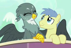 Size: 970x658 | Tagged: safe, screencap, character:gabby, character:goldengrape, species:griffon, episode:the fault in our cutie marks, g4, my little pony: friendship is magic, cropped, hug, ponytail, winghug