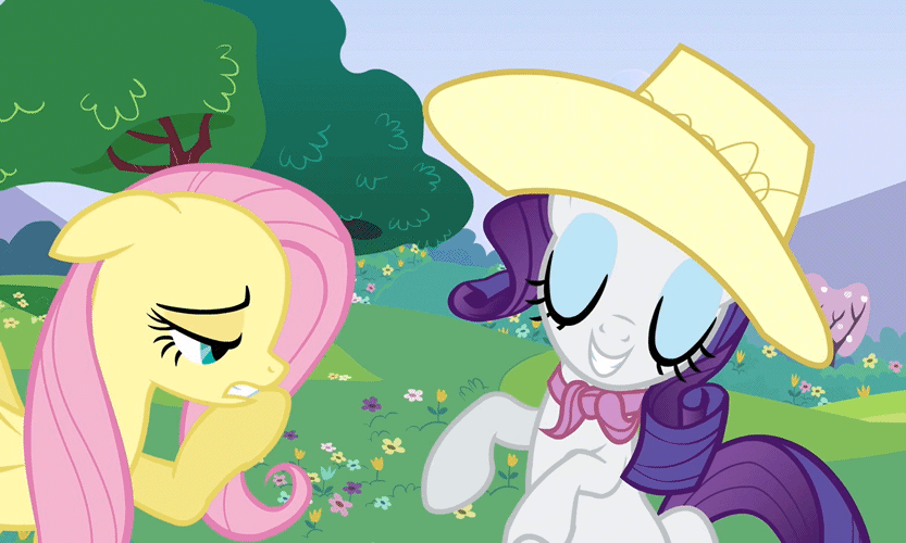 Size: 833x500 | Tagged: safe, screencap, character:fluttershy, character:rarity, species:pegasus, species:pony, species:unicorn, episode:a canterlot wedding, g4, my little pony: friendship is magic, and then there's rarity, animated, clothing, duo, female, gif, hat, mare