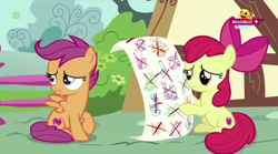 Size: 1280x714 | Tagged: safe, screencap, character:apple bloom, character:scootaloo, species:pegasus, species:pony, episode:the fault in our cutie marks, g4, my little pony: friendship is magic, cutie mark, list, minimini, the cmc's cutie marks