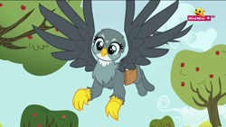 Size: 1920x1080 | Tagged: safe, screencap, character:gabby, species:griffon, episode:the fault in our cutie marks, g4, my little pony: friendship is magic, apple, cute, female, flying, food, gabbybetes, minimini, saddle bag, tree