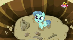 Size: 1118x625 | Tagged: safe, screencap, character:petunia paleo, species:earth pony, species:pony, episode:the fault in our cutie marks, g4, my little pony: friendship is magic, bone, cute, dead, dinosaur, female, filly, foal, fossil, minimini, petuniabetes, ponysaur, sandbox, skull, solo, weapons-grade cute