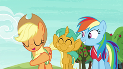 Size: 1280x720 | Tagged: safe, screencap, character:applejack, character:rainbow dash, character:snails, species:pony, species:unicorn, episode:buckball season, g4, my little pony: friendship is magic, colt, cute, diasnails, discovery family logo, eyes closed, lidded eyes, male, out of context, smiling