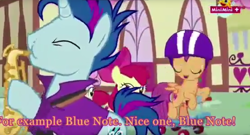 Size: 1666x902 | Tagged: safe, screencap, character:scootaloo, species:pegasus, species:pony, episode:the fault in our cutie marks, g4, my little pony: friendship is magic, blue note, cutie mark, epic sax guy, musical instrument, saxophone, subtitles, the cmc's cutie marks