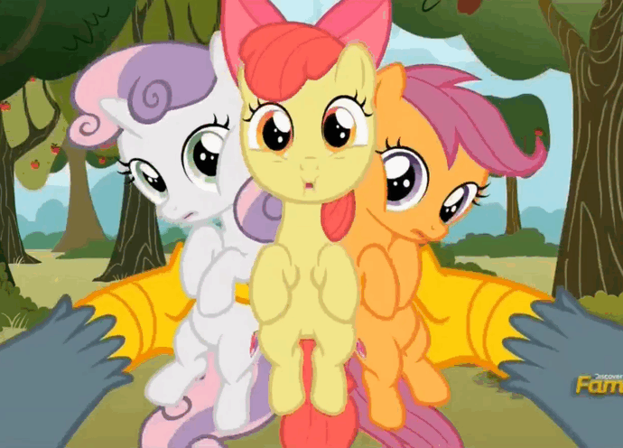 Size: 690x496 | Tagged: safe, screencap, character:apple bloom, character:gabby, character:scootaloo, character:sweetie belle, species:earth pony, species:griffon, species:pegasus, species:pony, species:unicorn, episode:the fault in our cutie marks, g4, my little pony: friendship is magic, animated, cutie mark, cutie mark crusaders, female, female pov, filly, gif, holding a pony, loop, offscreen character, out of context, pov, the cmc's cutie marks