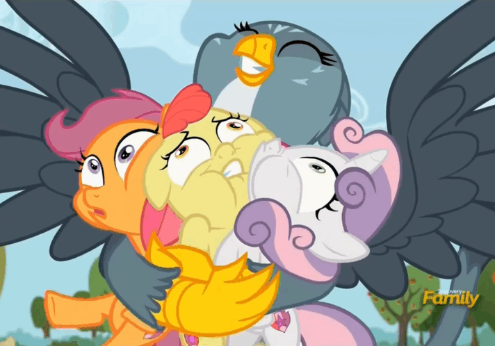 Size: 712x498 | Tagged: safe, screencap, character:apple bloom, character:gabby, character:scootaloo, character:sweetie belle, species:earth pony, species:griffon, species:pegasus, species:pony, episode:the fault in our cutie marks, g4, my little pony: friendship is magic, animated, cute, cutie mark, cutie mark crusaders, gif, hug, loop, squeezing, the cmc's cutie marks