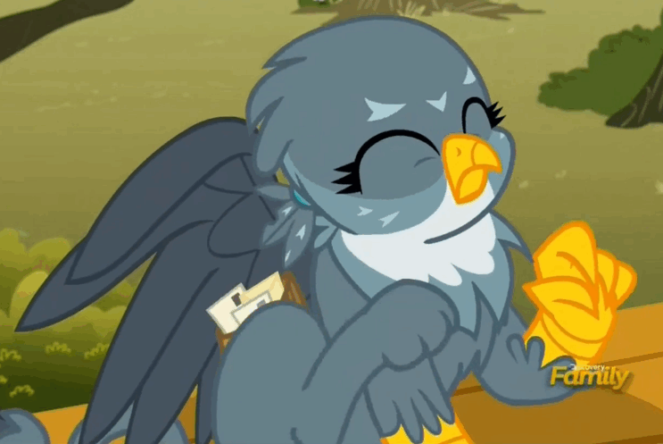 Size: 743x497 | Tagged: safe, screencap, character:gabby, species:griffon, episode:the fault in our cutie marks, g4, my little pony: friendship is magic, animated, behaving like a cat, catbird, cute, eyes closed, gabbybetes, gif, griffons doing cat things, mailbag, paws, scratching, sitting, solo, spread wings, wings