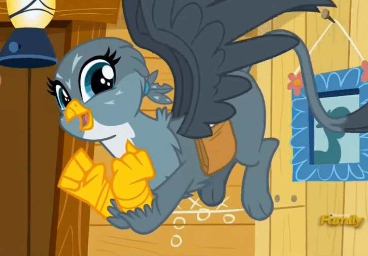Size: 725x505 | Tagged: safe, screencap, character:gabby, species:griffon, episode:the fault in our cutie marks, g4, my little pony: friendship is magic, animated, butt shake, cute, flying, gabbybetes, gif, lantern, loop, mailbag, painting, plot, solo, wiggle