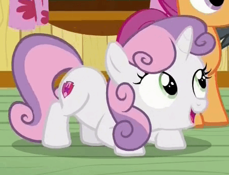 Size: 447x342 | Tagged: safe, screencap, character:scootaloo, character:sweetie belle, species:pegasus, species:pony, episode:the fault in our cutie marks, g4, my little pony: friendship is magic, animated, butt, butt shake, cropped, cute, cutie mark, diasweetes, gif, loop, solo focus, the cmc's cutie marks, wiggle