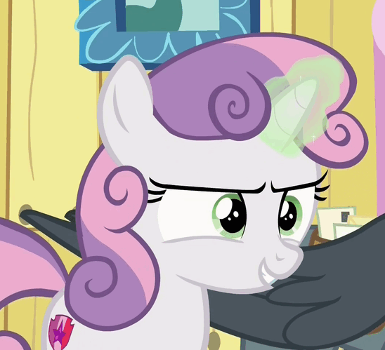 Size: 548x499 | Tagged: safe, screencap, character:sweetie belle, episode:the fault in our cutie marks, g4, my little pony: friendship is magic, animated, cropped, cutie mark, evil, evil eyes, evil grin, gif, glowing horn, green magic, loop, magic, magic aura, sweetie belle's magic brings a great big smile, the cmc's cutie marks