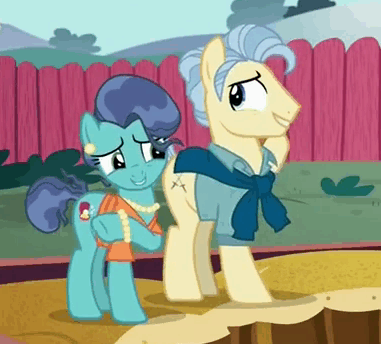 Size: 381x344 | Tagged: safe, screencap, character:mr. paleo, character:mrs. paleo, species:pony, episode:the fault in our cutie marks, g4, my little pony: friendship is magic, animated, exploitable meme, faec, gif, i didn't listen, laughing, meme, nervous laugh, smiling