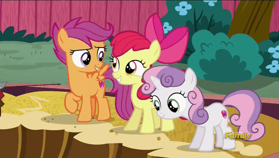 Size: 568x322 | Tagged: safe, screencap, character:apple bloom, character:mr. paleo, character:mrs. paleo, character:petunia paleo, character:scootaloo, character:sweetie belle, species:earth pony, species:pegasus, species:pony, episode:the fault in our cutie marks, g4, my little pony: friendship is magic, animated, cutie mark, cutie mark crusaders, derp, discovery family logo, faec, gif, i didn't listen, laughing, meme, pirate, pirate costume, smiling, spiny back ponysaurus, sword, the cmc's cutie marks, weapon