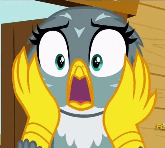 Size: 534x480 | Tagged: safe, screencap, character:gabby, species:griffon, episode:the fault in our cutie marks, g4, my little pony: friendship is magic, animated, cute, gabbybetes, gasp, gif, reaction image, sad, shocked, solo, surprised