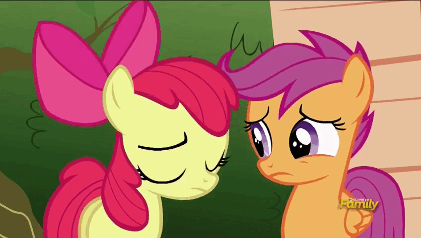 Size: 848x480 | Tagged: safe, screencap, character:apple bloom, character:scootaloo, species:pegasus, species:pony, episode:the fault in our cutie marks, g4, my little pony: friendship is magic, animated, caption, feels, gif, scootaloo can fly, scootaloo can't fly, smiling, text