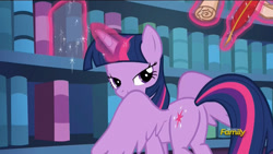 Size: 1920x1080 | Tagged: safe, screencap, character:twilight sparkle, character:twilight sparkle (alicorn), species:alicorn, species:pony, episode:the fault in our cutie marks, g4, my little pony: friendship is magic, book, discovery family logo, female, library, lidded eyes, looking at you, looking back at you, looking over shoulder, magic, mare, out of context, parchment, plot, quill pen, smiling, solo, spread wings, telekinesis, that pony sure does love books, twibutt, twilight's castle, twilight's castle library, wings