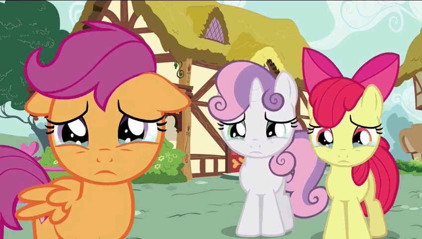 Size: 848x480 | Tagged: safe, screencap, character:apple bloom, character:scootaloo, character:sweetie belle, species:pegasus, species:pony, episode:the fault in our cutie marks, g4, my little pony: friendship is magic, crying, cutie mark crusaders, floppy ears, frown, reaction image, sad