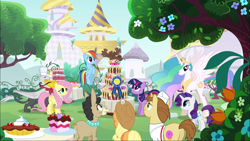 Size: 1920x1080 | Tagged: safe, screencap, character:applejack, character:donut joe, character:fluttershy, character:gustave le grande, character:princess celestia, character:rainbow dash, character:rarity, character:twilight sparkle, character:twilight sparkle (unicorn), species:alicorn, species:earth pony, species:griffon, species:mule, species:pegasus, species:pony, species:unicorn, episode:mmmystery on the friendship express, g4, my little pony: friendship is magic, cake, canterlot, female, food, gustave le grande, hybrid, male, mare, mulia mild, rarity looking at food, stallion
