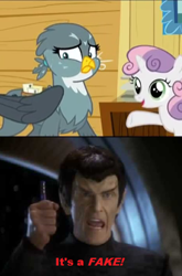 Size: 261x396 | Tagged: safe, screencap, character:gabby, character:sweetie belle, species:griffon, episode:the fault in our cutie marks, g4, my little pony: friendship is magic, deep space nine, ds9, image macro, it's a fake, meme, romulan, senator vreenak, star trek, star trek: deep space nine, sweat
