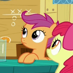 Size: 256x256 | Tagged: safe, screencap, character:apple bloom, character:gabby, character:scootaloo, species:griffon, species:pegasus, species:pony, episode:the fault in our cutie marks, g4, my little pony: friendship is magic, animated, aside glance, breaking the fourth wall, gif, looking at you, reaction image