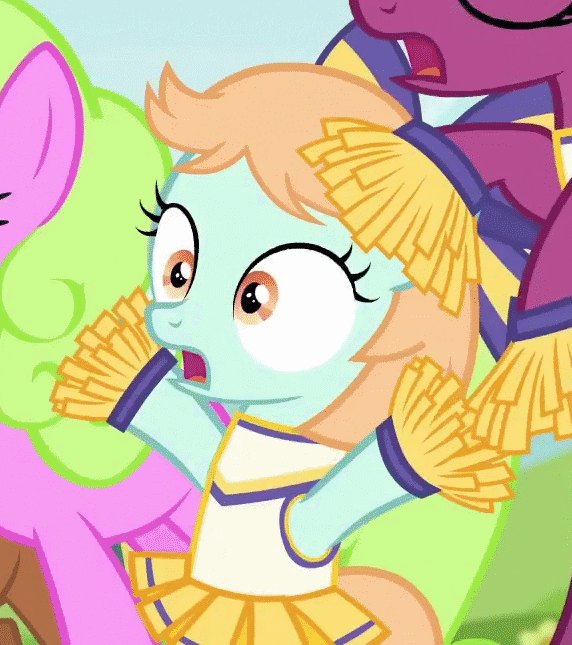 Size: 572x645 | Tagged: safe, screencap, character:daisy, character:peach fuzz, species:pony, episode:the cart before the ponies, g4, my little pony: friendship is magic, animated, cheering, cheerleader, cheerleader outfit, cheerleading, close-up, clothing, cute, diapeaches, filly, foal, gasp, gif, hair bow, open mouth, pleated skirt, pom pom, shocked, skirt, solo, solo focus, worried