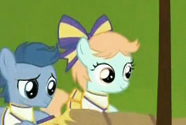 Size: 372x249 | Tagged: safe, screencap, character:peach fuzz, species:pony, episode:the cart before the ponies, g4, my little pony: friendship is magic, animated, blinking, cheerleader, cheerleader outfit, clothing, colt, cute, diapeaches, filly, foal, gif, hair bow, male, perky prep, pleated skirt, pom pom, skirt, smiling