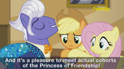 Size: 2557x1435 | Tagged: safe, official, screencap, character:applejack, character:fluttershy, character:gladmane, species:pony, episode:viva las pegasus, g4, my little pony: friendship is magic, captions, implied twilight sparkle, preview, trailer