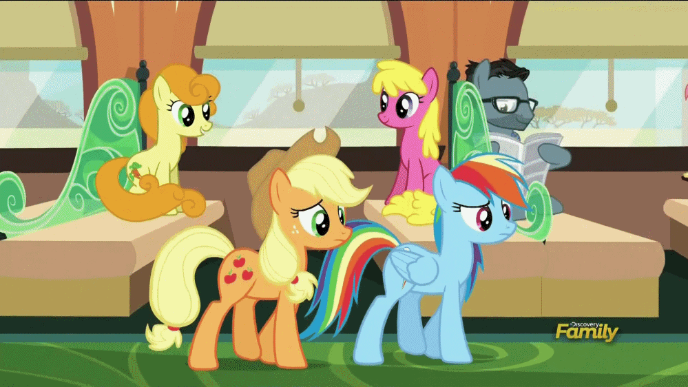 Size: 999x562 | Tagged: safe, screencap, character:applejack, character:bon bon, character:carrot top, character:cherry berry, character:golden harvest, character:goldengrape, character:rainbow dash, character:raspberry vinaigrette, character:sweetie drops, species:earth pony, species:pegasus, species:pony, episode:buckball season, g4, my little pony: friendship is magic, 3d, animated, background pony, book, camera pan, conversation, discovery family logo, down under, female, friendship express, gif, glasses, male, mare, newspaper, ponies sitting next to each other, stallion, talking, train, walking, worried