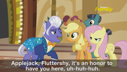 Size: 2551x1435 | Tagged: safe, official, screencap, character:applejack, character:fluttershy, character:gladmane, species:pony, episode:viva las pegasus, g4, my little pony: friendship is magic, captions, preview