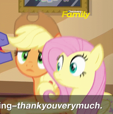 Size: 471x474 | Tagged: safe, screencap, character:applejack, character:fluttershy, character:gladmane, species:pony, episode:viva las pegasus, g4, my little pony: friendship is magic, animated, caption, discovery family logo, gif, hoofshake