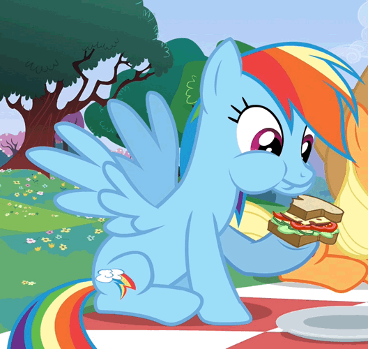 Size: 528x500 | Tagged: safe, screencap, character:applejack, character:rainbow dash, species:earth pony, species:pegasus, species:pony, animated, cute, eating, female, gif, mare, picnic, picnic blanket, puffy cheeks, sandwich, sitting, spread wings, wings