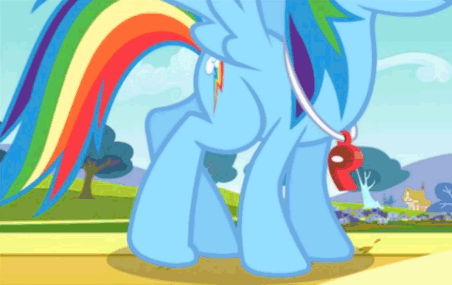 Size: 645x407 | Tagged: safe, screencap, character:rainbow dash, species:pegasus, species:pony, episode:hurricane fluttershy, g4, my little pony: friendship is magic, animated, correct leg anatomy, cutie mark, female, gif, legs, mare, solo, spread wings, stretching, the robot, whistle, whistle necklace, wings