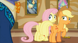 Size: 1273x709 | Tagged: safe, screencap, character:applejack, character:fluttershy, species:pony, episode:viva las pegasus, g4, my little pony: friendship is magic, discovery family logo