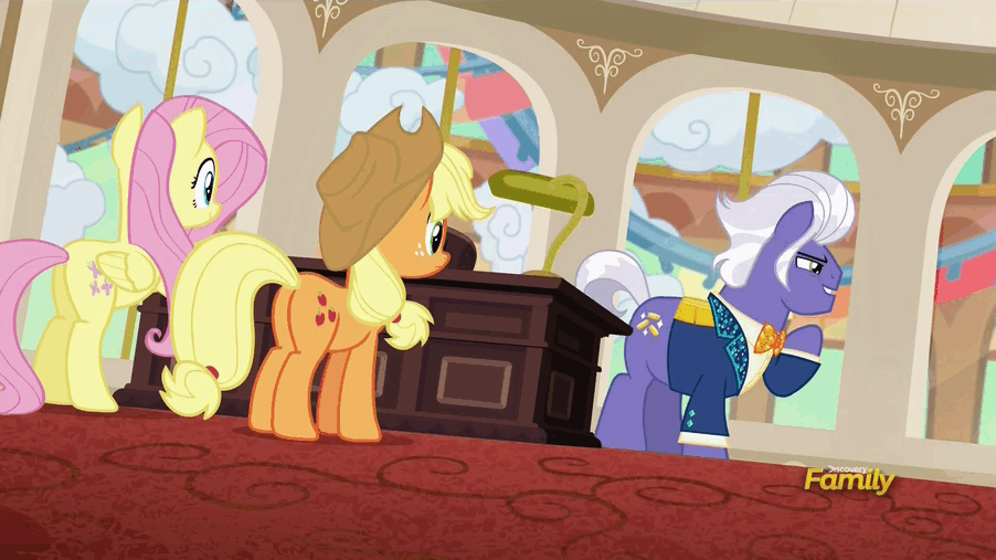 Size: 902x507 | Tagged: safe, screencap, character:applejack, character:fluttershy, character:gladmane, species:pony, episode:viva las pegasus, g4, my little pony: friendship is magic, animated, gif