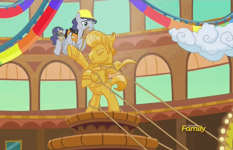 Size: 786x507 | Tagged: safe, screencap, character:gladmane, species:pony, episode:viva las pegasus, g4, my little pony: friendship is magic, animated, construction pony, gif, pulling, rope, statue, steam roller (character)