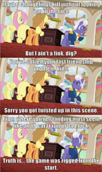 Size: 640x1078 | Tagged: safe, screencap, character:applejack, character:fluttershy, character:gladmane, species:pony, episode:viva las pegasus, g4, my little pony: friendship is magic, benny, fallout, fallout: new vegas, screencap comic