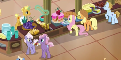 Size: 1067x531 | Tagged: safe, screencap, character:applejack, character:burning passion, character:fluttershy, character:gourmand ramsay, character:horseshoe comet, character:opulence, species:pony, episode:viva las pegasus, g4, my little pony: friendship is magic, gordon ramsay, las pegasus resident