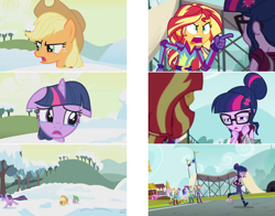Size: 2776x2176 | Tagged: safe, screencap, character:applejack, character:fluttershy, character:pinkie pie, character:rainbow dash, character:rarity, character:spike, character:spike (dog), character:sunset shimmer, character:twilight sparkle, character:twilight sparkle (scitwi), species:dog, species:eqg human, episode:winter wrap up, equestria girls:friendship games, g4, my little pony: friendship is magic, my little pony:equestria girls, applejerk, comparison, crying, floppy ears, humane five, humane seven, humane six
