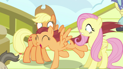 Size: 1920x1080 | Tagged: safe, screencap, character:applejack, character:fluttershy, character:steeplechase, character:whirlwind romance, species:earth pony, species:pegasus, species:pony, episode:viva las pegasus, g4, my little pony: friendship is magic, background pony, female, las pegasus resident, mare, running, shocked, smiling, unnamed pony