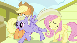 Size: 1920x1080 | Tagged: safe, screencap, character:applejack, character:fluttershy, character:sweet buzz, species:pony, episode:viva las pegasus, g4, my little pony: friendship is magic, las pegasus resident