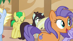 Size: 1920x1080 | Tagged: safe, screencap, character:frying pan, character:lightning riff, character:sprout greenhoof, character:wintergreen, species:pony, episode:viva las pegasus, g4, my little pony: friendship is magic, frying pan, las pegasus resident