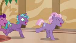 Size: 1920x1080 | Tagged: safe, screencap, character:desert wind, character:fat stacks, character:horseshoe comet, species:earth pony, species:pony, species:unicorn, episode:viva las pegasus, g4, my little pony: friendship is magic, background pony, excited, eyes closed, galloping, las pegasus resident, male, open mouth, running, stallion, trio