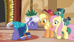 Size: 1920x1080 | Tagged: safe, screencap, character:applejack, character:chargrill breadwinner, character:fluttershy, character:gladmane, character:orange slice, species:pony, episode:viva las pegasus, g4, my little pony: friendship is magic