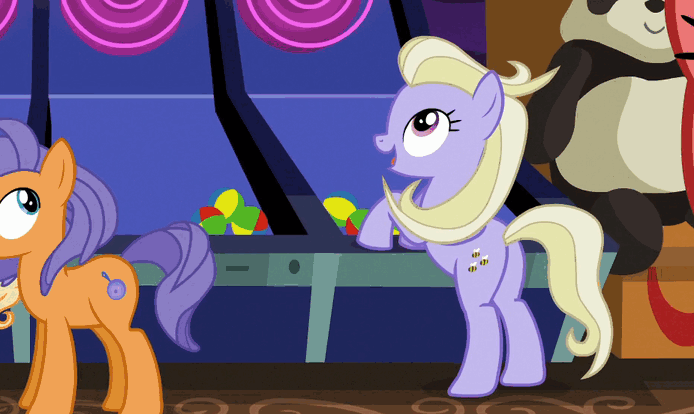 Size: 694x414 | Tagged: safe, screencap, character:frying pan, character:silver waves, character:sweet buzz, species:pony, episode:viva las pegasus, g4, my little pony: friendship is magic, animated, background pony, blinking, gif, grin, happy, las pegasus resident, skeeball, smiling